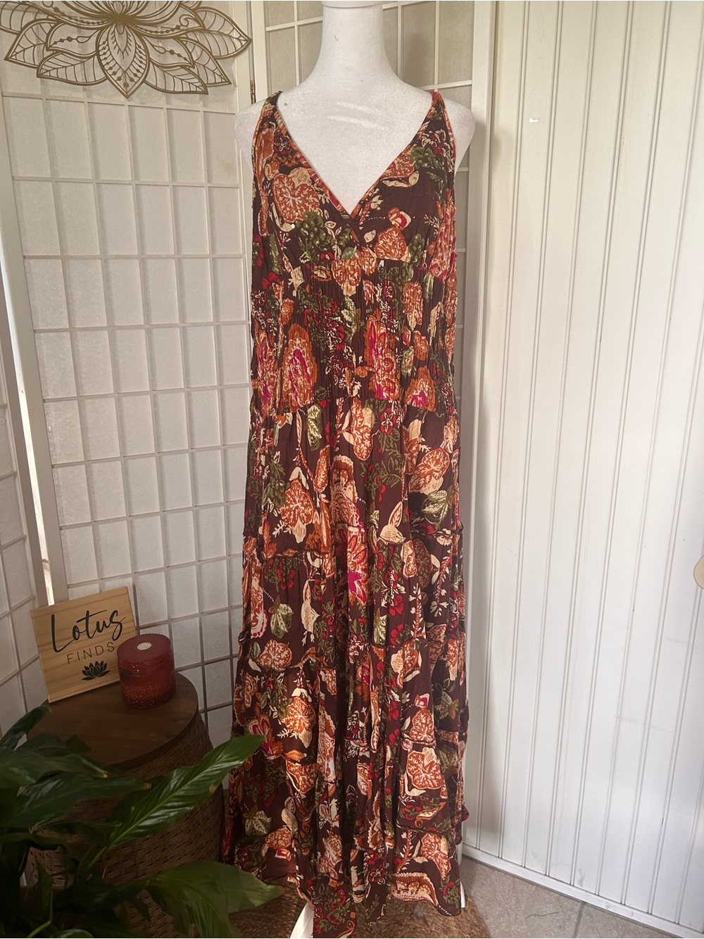 VASNA Desire Boho Floral Sequin Tiered Maxi Dress Large